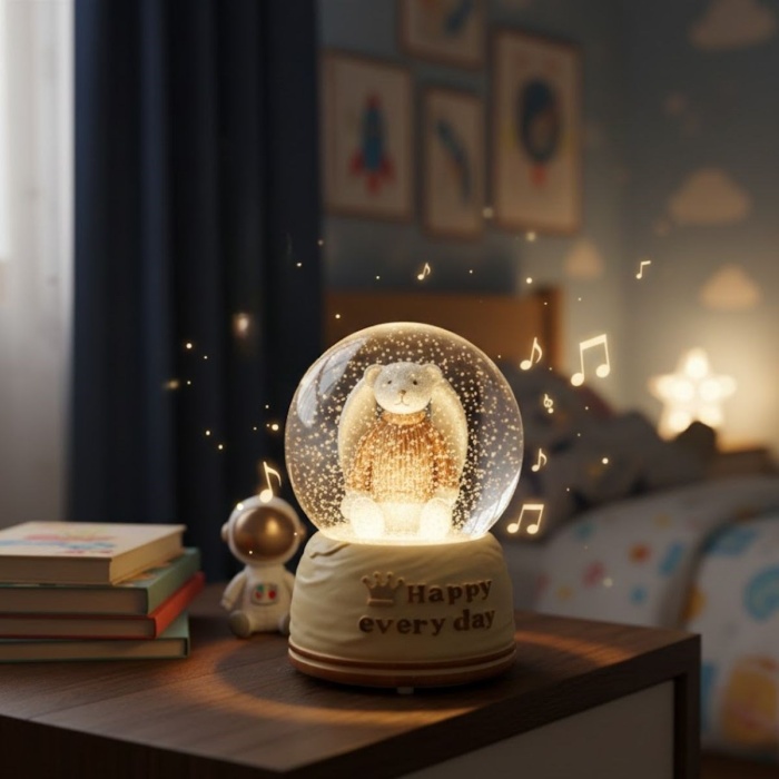 ® Pilli Işıklı Müzikli Kar Küresi–Sevimli Ayıcık Figürlü Eğlenceli Masaüstü Biblo, LED Aydınlatmalı Dekoratif Hediyelik Kar Küresi