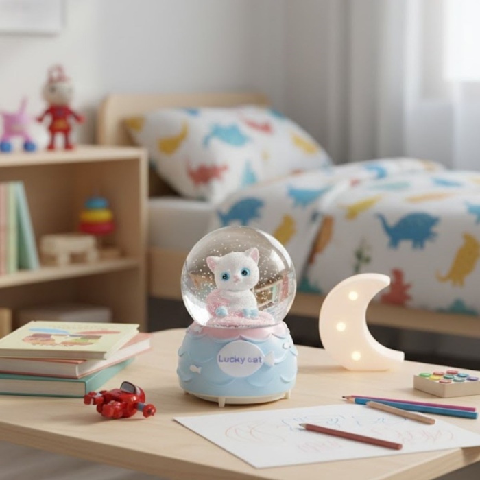 ® Pilli Işıklı Müzikli Kar Küresi–Şanslı Toplu Kedi Figürlü Eğlenceli Masaüstü Biblo, LED Aydınlatmalı Dekoratif Hediyelik Kar Küresi