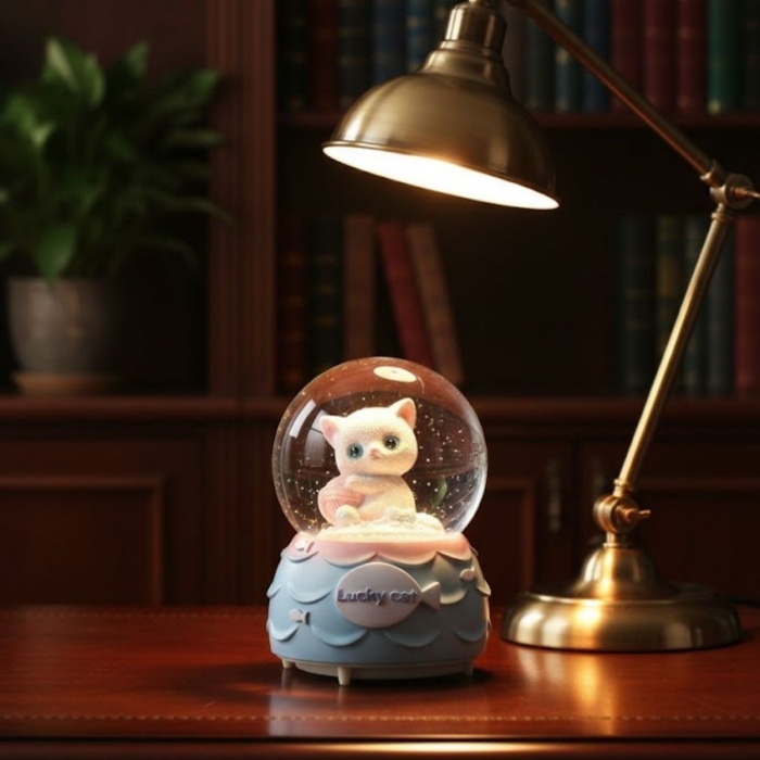 ® Pilli Işıklı Müzikli Kar Küresi–Şanslı Toplu Kedi Figürlü Eğlenceli Masaüstü Biblo, LED Aydınlatmalı Dekoratif Hediyelik Kar Küresi