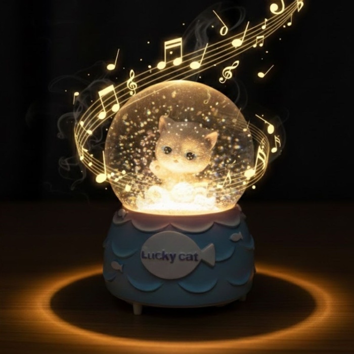 ® Pilli Işıklı Müzikli Kar Küresi–Şanslı Toplu Kedi Figürlü Eğlenceli Masaüstü Biblo, LED Aydınlatmalı Dekoratif Hediyelik Kar Küresi