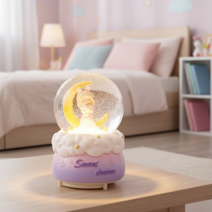® Pilli Işıklı Müzikli Kar Küresi–Hilal Ay Önünde Prenses Figürlü Eğlenceli Masaüstü Biblo, LED Aydınlatmalı Dekoratif Hediyelik Kar Küresi