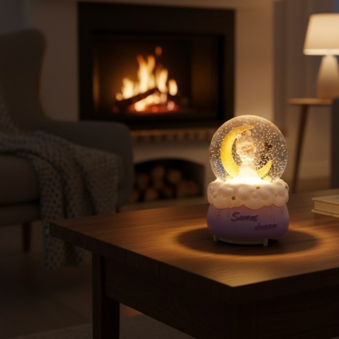 ® Pilli Işıklı Müzikli Kar Küresi–Hilal Ay Önünde Prenses Figürlü Eğlenceli Masaüstü Biblo, LED Aydınlatmalı Dekoratif Hediyelik Kar Küresi