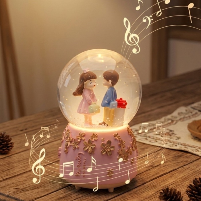 ® Pilli Işıklı Müzikli Kar Küresi–Sevgili Çiçek Detay Figürlü Eğlenceli Masaüstü Biblo, LED Aydınlatmalı Dekoratif Hediyelik Kar Küresi
