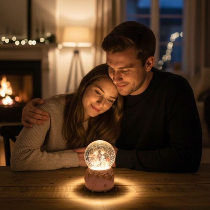 ® Pilli Işıklı Müzikli Kar Küresi–Sevgili Çiçek Detay Figürlü Eğlenceli Masaüstü Biblo, LED Aydınlatmalı Dekoratif Hediyelik Kar Küresi