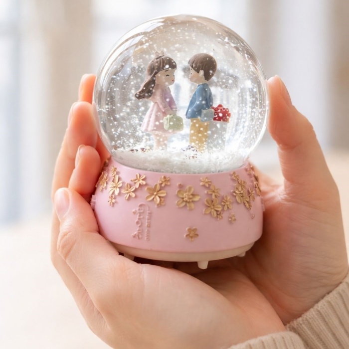 ® Pilli Işıklı Müzikli Kar Küresi–Sevgili Çiçek Detay Figürlü Eğlenceli Masaüstü Biblo, LED Aydınlatmalı Dekoratif Hediyelik Kar Küresi