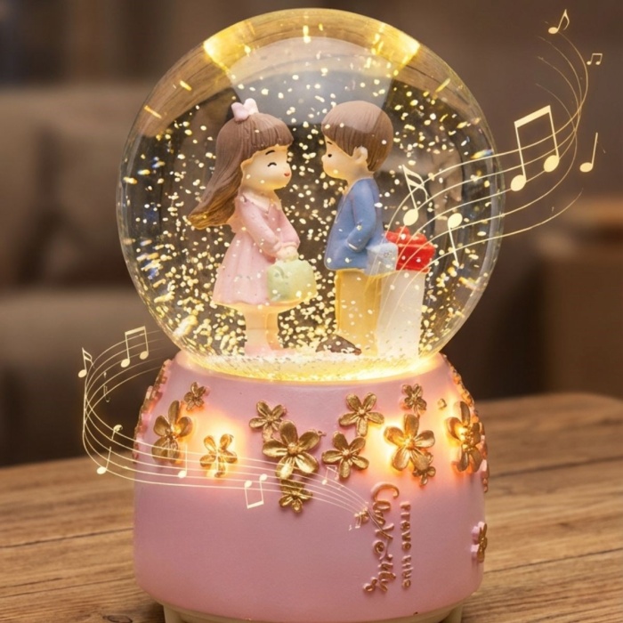 ® Pilli Işıklı Müzikli Kar Küresi–Sevgili Çiçek Detay Figürlü Eğlenceli Masaüstü Biblo, LED Aydınlatmalı Dekoratif Hediyelik Kar Küresi