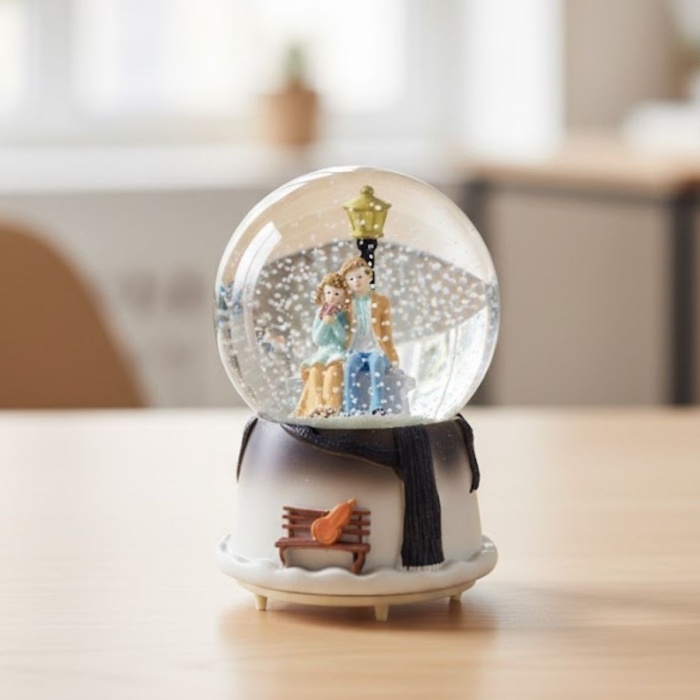 ® Pilli Işıklı Müzikli Kar Küresi–Kış Masalı Bankta Sevgili Figürlü Eğlenceli Masaüstü Biblo, LED Aydınlatmalı Dekoratif Hediyelik Kar Küresi