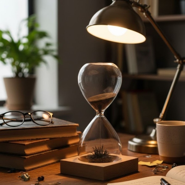 ® Mıknatıslı Cam Kum Saati – Dekoratif Metal Tabanlı, Manyetik Kum Akışlı Masaüstü Zaman Ölçer