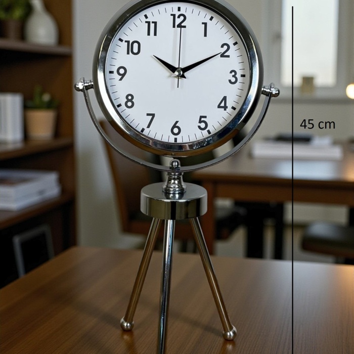 ® Zentime Krom Zarif & Şık Üç Ayaklı Metal Masa Saati