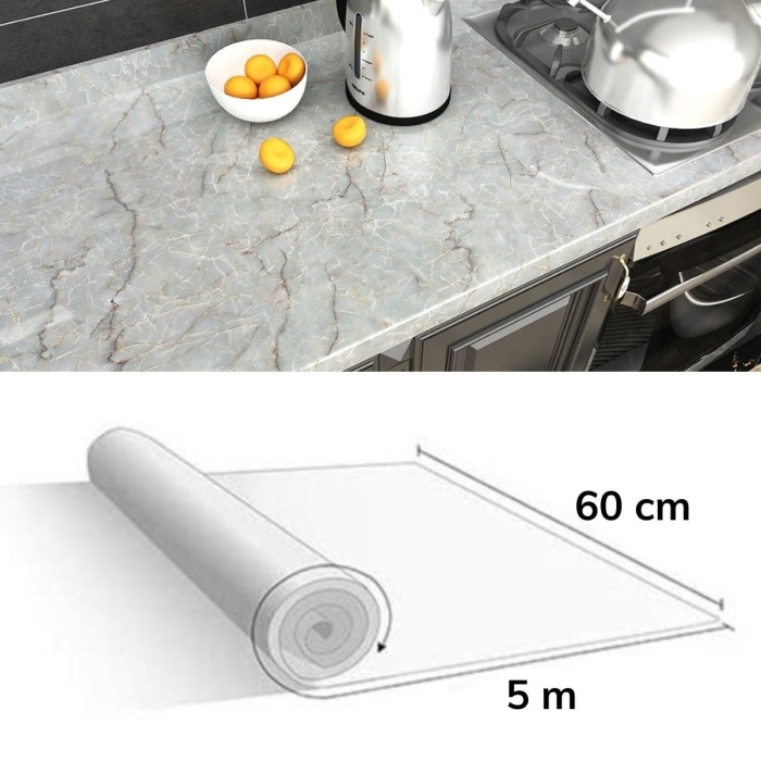 ® Yeni Ürün 5mt x 60 cm Mermer Desenli Masa Tezgah Mutfak Su Geçirmez Yapışkanlı Folyo Sticker