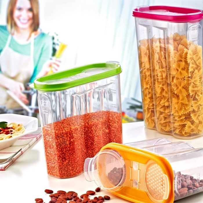 ® Yeni Ürün 2 Kapaklı Ölçekli Erzak Kuru Gıda Saklama Kutusu Kabı1,7 LitreSA935