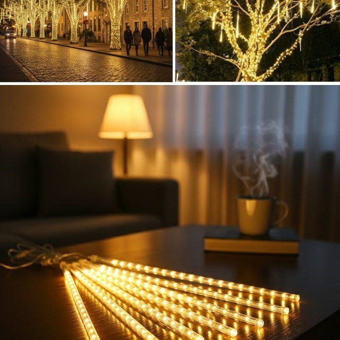 ® Yeni Ürün 10lu 45 cm Plastik Meteor LED USB 2M Kablo Sarı Renk Ağaç IşığıRenk Değiştiren Asmalı Dekoratif Bahçe ve Dış Mekan Aydınlatması