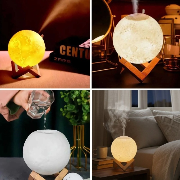 BUFFER® 3D Ay Tasarımlı Su Yenilemeli USB Hava Nemlendiricisi – Dokunmatik, 3 Renk Işık Modlu (Gün Işığı / Beyaz / Sarı Işık) Gece Lambası