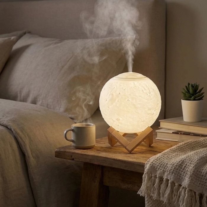 BUFFER® 3D Ay Tasarımlı Su Yenilemeli USB Hava Nemlendiricisi – Dokunmatik, 3 Renk Işık Modlu (Gün Işığı / Beyaz / Sarı Işık) Gece Lambası