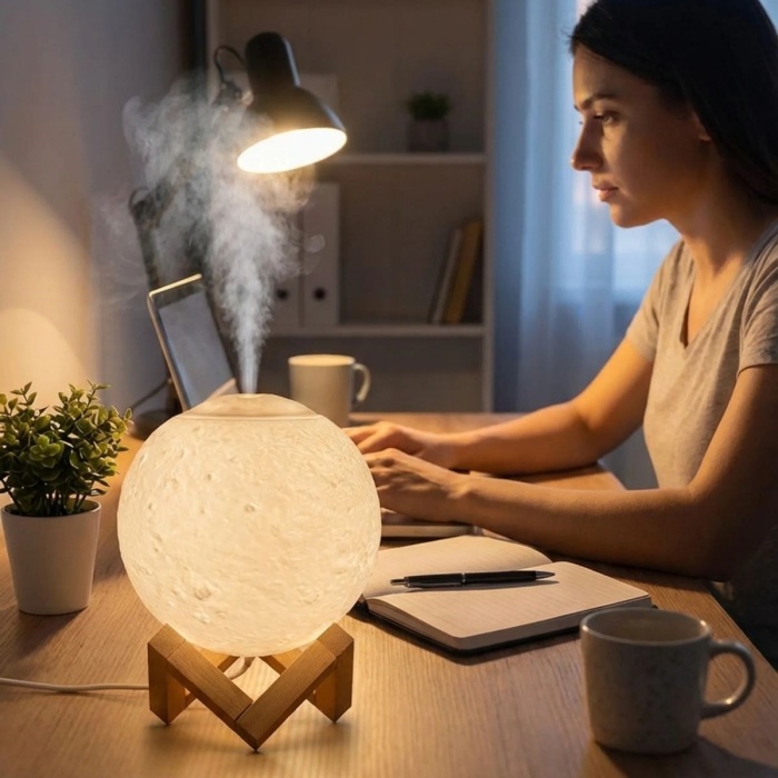 BUFFER® 3D Ay Tasarımlı Su Yenilemeli USB Hava Nemlendiricisi – Dokunmatik, 3 Renk Işık Modlu (Gün Işığı / Beyaz / Sarı Işık) Gece Lambası