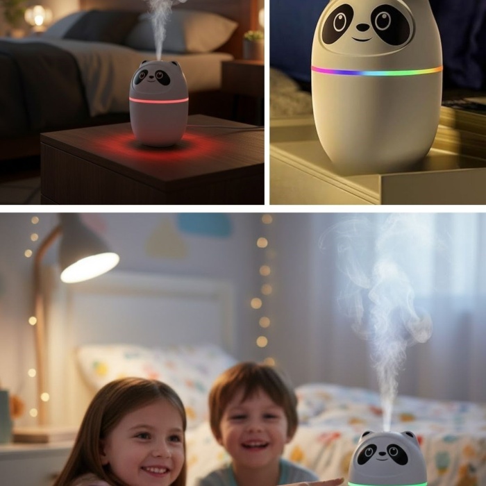 ® Yeni Ürün Sevimli Panda Figürlü Hava NemlendiriciUltrasonik Soğuk Buhar Makinesi, LED Işıklı Masaüstü Oda Nemlendirici