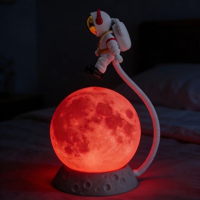 BUFFER® 3D Ay Üzerinde Astronot LED Gece Lambası – Dokunmatik 10 Renk Değiştiren Dekoratif Çocuk Odası Masaüstü Ay Lambası