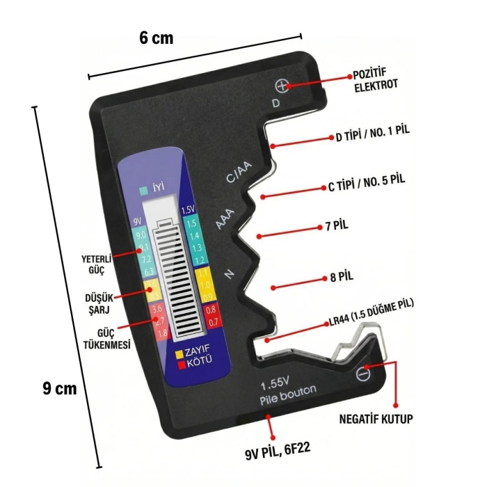 BUFFER® Evrensel Dijital Pil Test Cihazı – AA, AAA, C, D, N, 9V ve Düğme Pil Uyumlu Mini Pil Kapasite & Seviye Ölçer