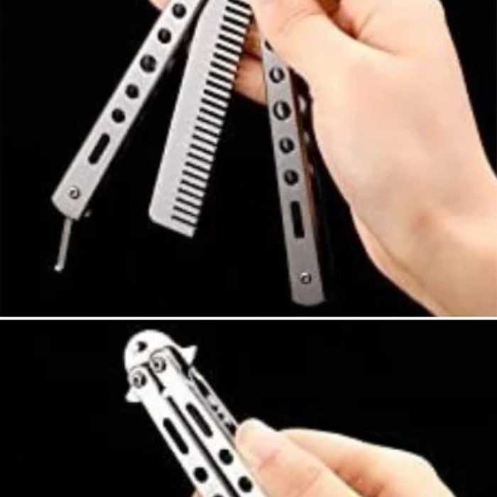 ® Yeni Ürün Gri Katlanabilir Paslanmaz Çelik Kelebek Bıçak Tarak Sakal Bıyık Fırçası Profesyonel Saç Kesimi İçin Tarak