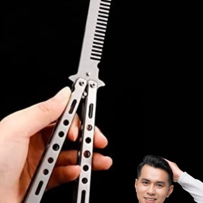 ® Yeni Ürün Gri Katlanabilir Paslanmaz Çelik Kelebek Bıçak Tarak Sakal Bıyık Fırçası Profesyonel Saç Kesimi İçin Tarak