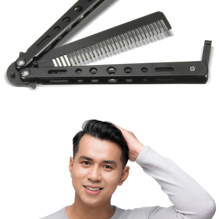 ® Yeni Ürün Siyah Katlanabilir Paslanmaz Çelik Kelebek Bıçak Tarak Sakal Bıyık Fırçası Profesyonel Saç Kesimi İçin Tarak