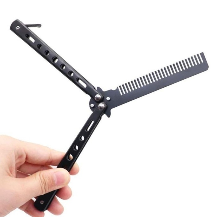 ® Yeni Ürün Siyah Katlanabilir Paslanmaz Çelik Kelebek Bıçak Tarak Sakal Bıyık Fırçası Profesyonel Saç Kesimi İçin Tarak