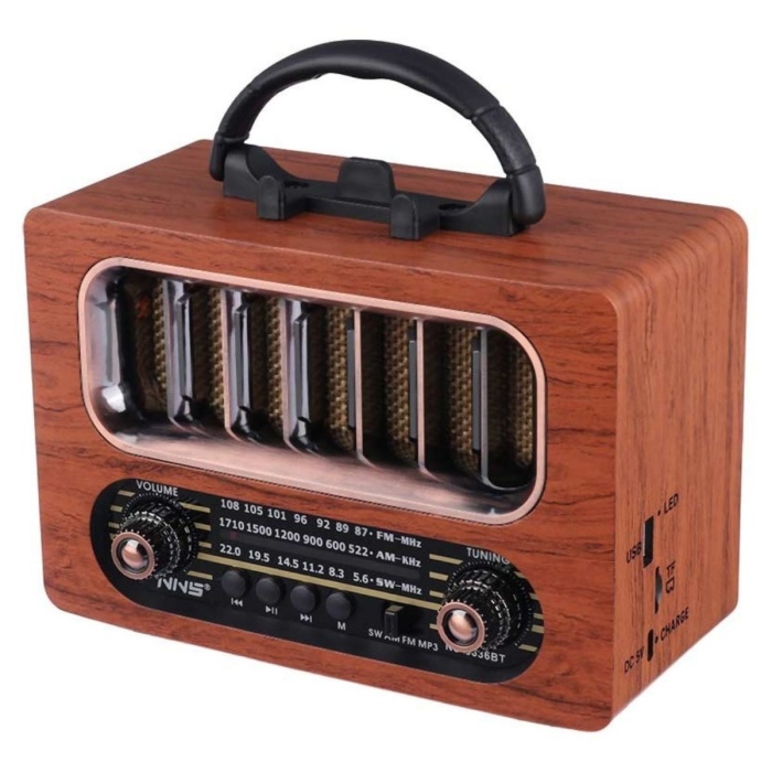 ® Yeni Ürün Orta Boy Retro Ahşap Tasarım Bluetooth Hoparlörlü RadyoFM/AM Destekli, Şarjlı ve Taşınabiliri Radyo NS-6636