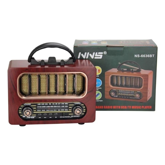 ® Yeni Ürün Orta Boy Retro Ahşap Tasarım Bluetooth Hoparlörlü RadyoFM/AM Destekli, Şarjlı ve Taşınabiliri Radyo NS-6636