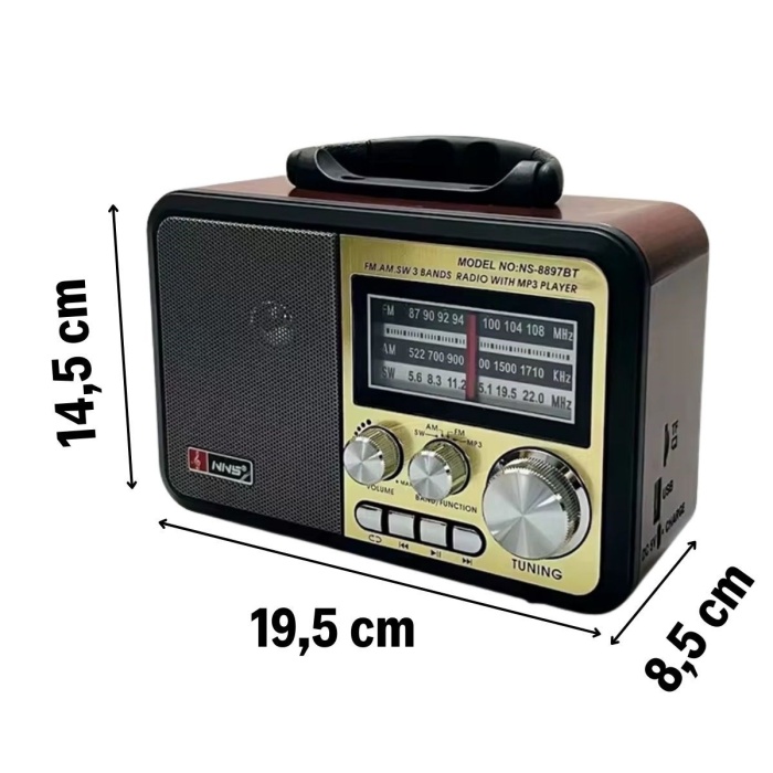 ® Yeni Ürün Orta Boy Retro, Nostaljik, Ahşap Tasarım Bluetooth Hoparlörlü, Şarjlı, Taşınabilir FM/AM Destekli Radyo NS-8897