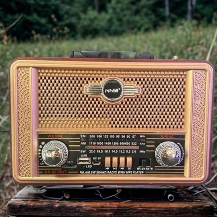 ® Yeni Ürün Retro, Nostaljik, Ahşap Tasarım Bluetooth Hoparlörlü, Şarjlı, Taşınabilir Otantik Tasarımlı FM/AM Destekli Radyo NS8098