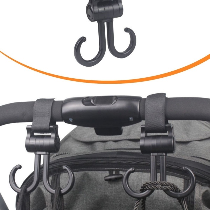 ® Yeni Ürün 2li Bebek Arabasına Uyumlu Cırtlı  Eşya Taşıma Aparatı 360 Derece Dönebilen Plastik Kanca