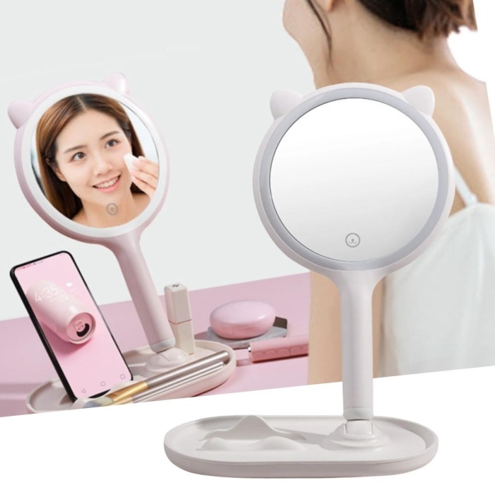 ® Yeni Ürün Kedi Kulaklı Telefon Standlı Yuvarlak Dokunmatik Led Ayarlı Masa Üstü Makyaj Aynası