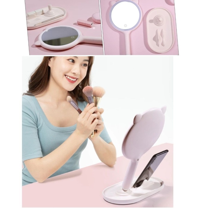 ® Yeni Ürün Kedi Kulaklı Telefon Standlı Yuvarlak Dokunmatik Led Ayarlı Masa Üstü Makyaj Aynası