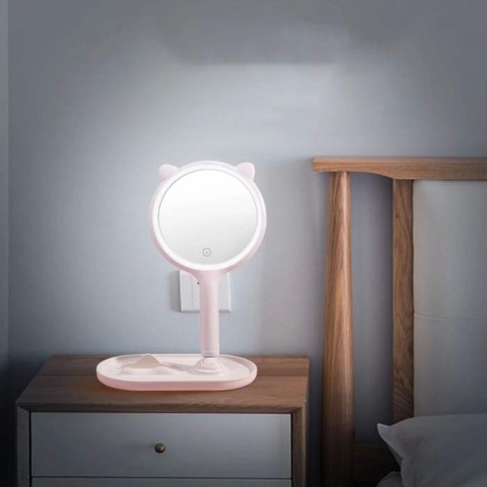® Yeni Ürün Kedi Kulaklı Telefon Standlı Yuvarlak Dokunmatik Led Ayarlı Masa Üstü Makyaj Aynası