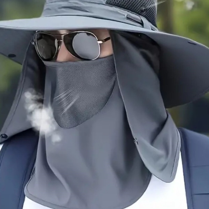 ® Yeni Ürün Güneş Koruyuculu Nefes Alabilen Maskeli ve Boyun Kapaklı Geniş Kenarlı Balıkçı Şapkası