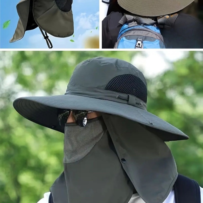 ® Yeni Ürün Güneş Koruyuculu Nefes Alabilen Maskeli ve Boyun Kapaklı Geniş Kenarlı Balıkçı Şapkası