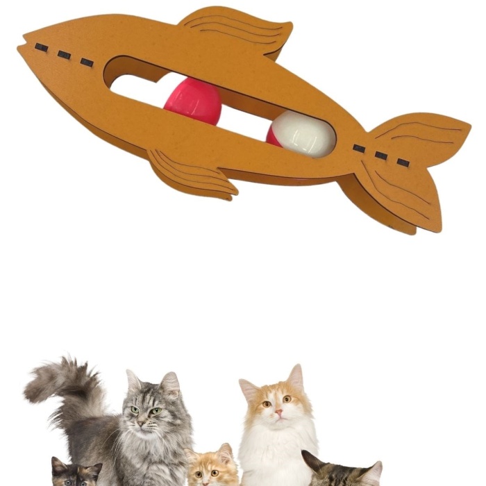 ® Yeni Ürün  Kediler İçin Ahşap 2 Toplu Eğimli  Sevimli Balık Şeklinde Eğitim Amaçlı Oyuncak