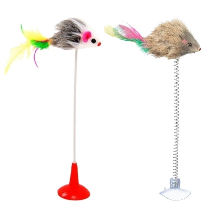 ® Yeni Ürün 2li Vantuzlu Fareli Tüylü Hareketli Çanlı ve Esneyen Eğlenceli Peluş Kedi Oyuncağı