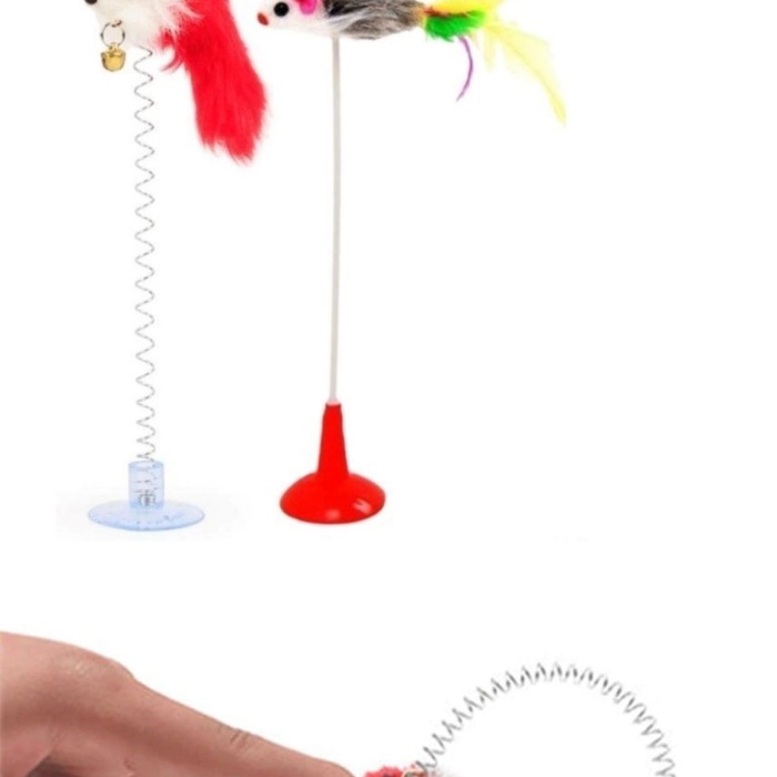 ® Yeni Ürün 2li Vantuzlu Fareli Tüylü Hareketli Çanlı ve Esneyen Eğlenceli Peluş Kedi Oyuncağı