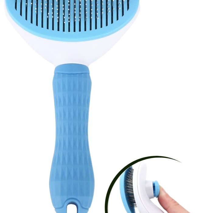 ® Yeni Ürün Kedi Köpek Tüy Toplayıcı Kendini Temizleyebilen Ergonomik Saplı Evcil Hayvan Tarağı Mavi