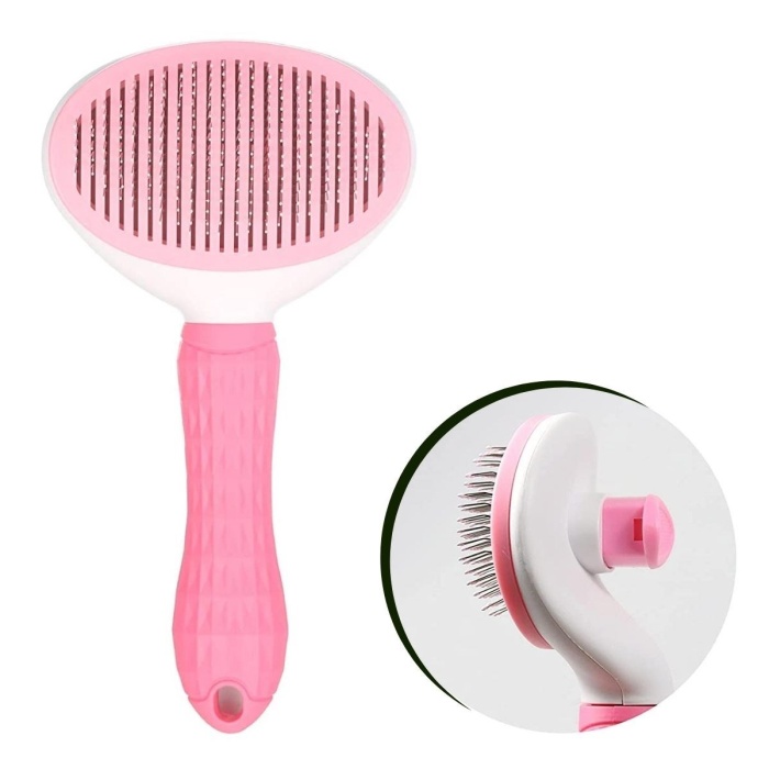 ® Yeni Ürün Kedi Köpek Tüy Toplayıcı Kendini Temizleyebilen Ergonomik Saplı Evcil Hayvan Tarağı Pembe