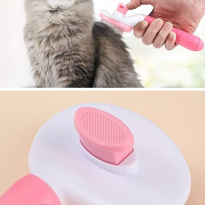 ® Yeni Ürün Kedi Köpek Tüy Toplayıcı Kendini Temizleyebilen Ergonomik Saplı Evcil Hayvan Tarağı Pembe