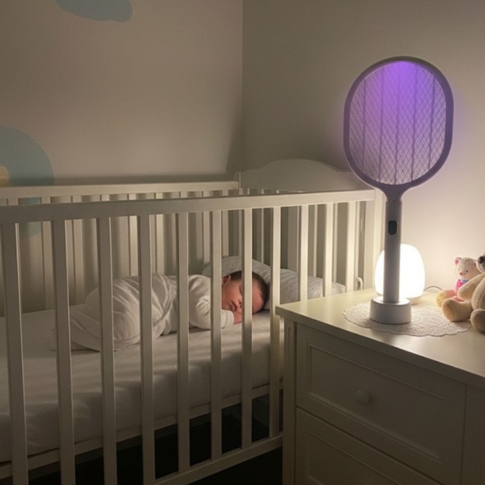 ® Yeni Ürün USB Şarjlı Beyaz Renk Kendiliğinden Standlı Şarj Göstergeli UV Işıklı Sinek Öldürme Raketi LTD-718