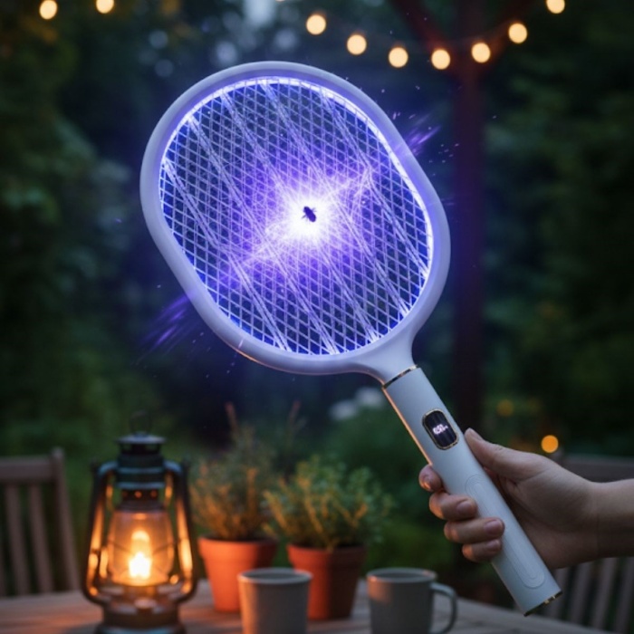 ® Yeni Ürün USB Şarjlı Beyaz Renk Kendiliğinden Standlı Şarj Göstergeli UV Işıklı Sinek Öldürme Raketi LTD-718