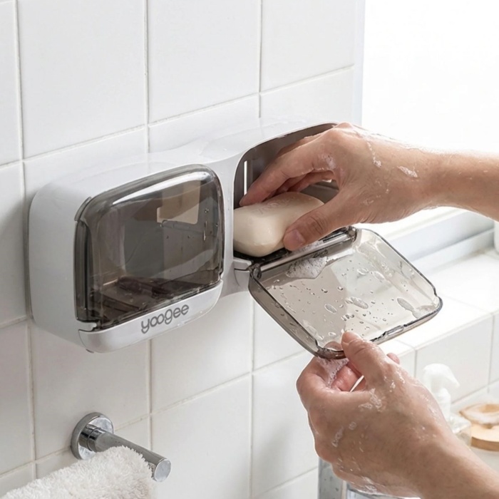 BUFFER® Duvara Monte İkili Kapaklı Plastik Katı Sabunluk Organizer – Banyo & Mutfak İçin Yapışkanlı Sabun Kutusu ve Düzenleyici