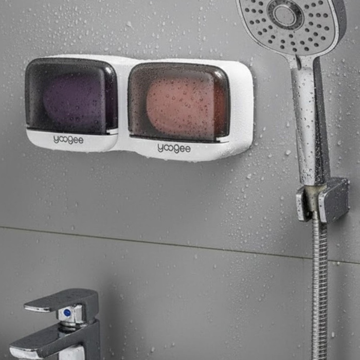 BUFFER® Duvara Monte İkili Kapaklı Plastik Katı Sabunluk Organizer – Banyo & Mutfak İçin Yapışkanlı Sabun Kutusu ve Düzenleyici