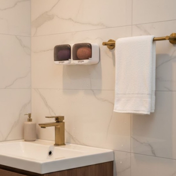 BUFFER® Duvara Monte İkili Kapaklı Plastik Katı Sabunluk Organizer – Banyo & Mutfak İçin Yapışkanlı Sabun Kutusu ve Düzenleyici