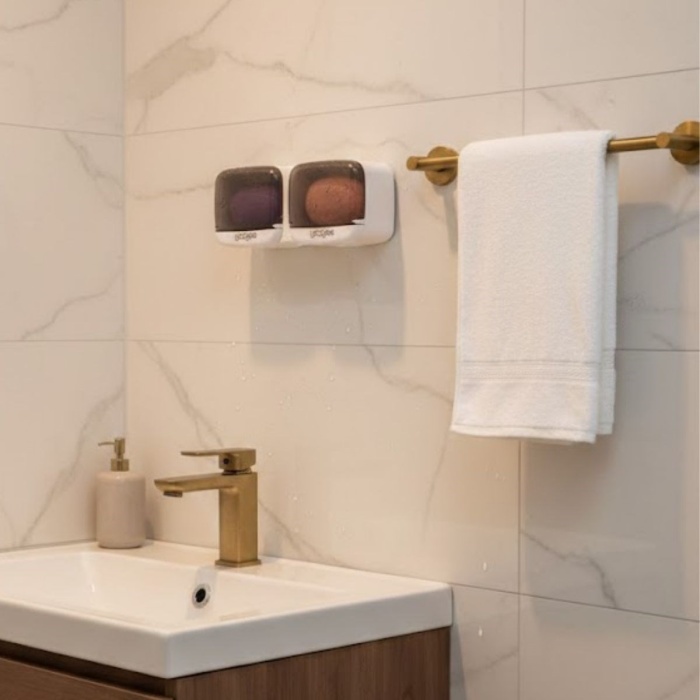 BUFFER® Duvara Monte İkili Kapaklı Plastik Katı Sabunluk Organizer – Banyo & Mutfak İçin Yapışkanlı Sabun Kutusu ve Düzenleyici