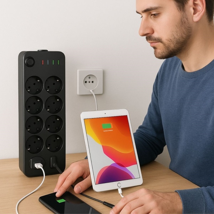 ® Yeni Ürün Akım Korumalı Termal Uzatma Kablosu10 Priz, 2 USB ve 2 Type-C Girişli, Güçlü Çoklu Priz