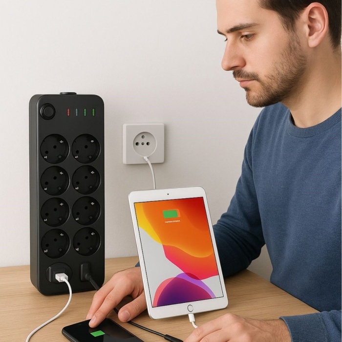 ® Yeni Ürün Akım Korumalı Termal Uzatma Kablosu10 Priz, 2 USB ve 2 Type-C Girişli, Güçlü Çoklu Priz